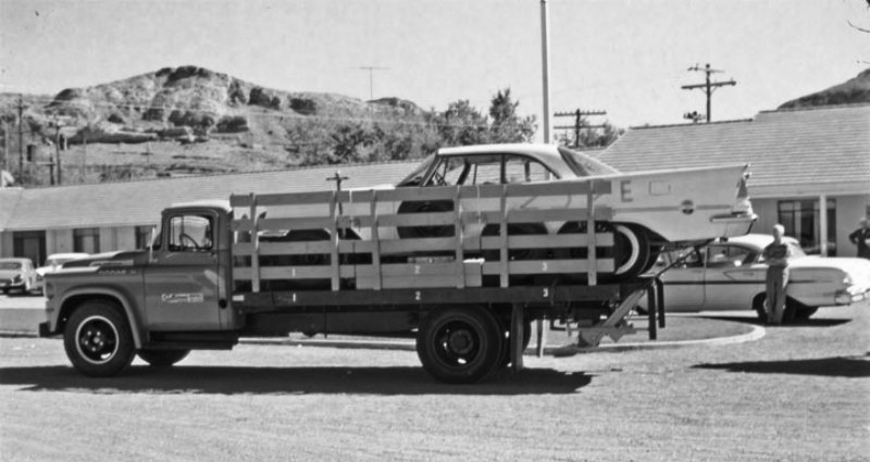 1959 - Norm Thatcher #252E '58 Chrysler 300D Racecar Hauler at Wendover Motel.jpg