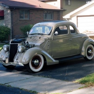1936 ford, 21 Stud Flattie, Edmonds intake, twin 97's, reds headers, glass packs, stock trans, rear axle, 6 volt, cloth wiring, and mohair interior.
