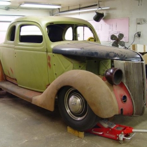 The '36 Ford 5-window. Half assed mock up on the TCI AirRide chassis.