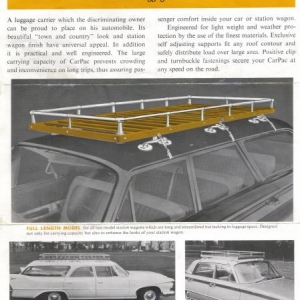 1964 PAMPHLET FRONT COVER...
FUNNY, THESE RACKS WERE MADE FROM AROUND 1950, TO THE LATE '60's, AND THEY LOOKED LIKE A '40's-'50's WOODY-ERA ITEM.  UP INTO 60's (MINE WAS BOUGHT IN 1964), THEY LOOKED THE SAME, (OLD FASHIONED, CLASSY!) AND MORE AT HOME ON EARLIER CARS.
(PICTURE):
SHOWS LONGER RACK (3 FEET PER SIDE), + A SHORTER SIZE (2 FEET PER SIDE).