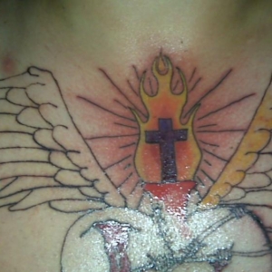 In progress pic of the flames and cross on top of the sacred heart...