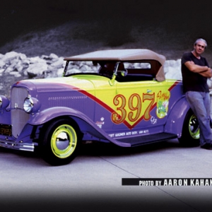 Robert Williams and his Ex Eight's & Aces roadster when it was pretty freshly reborn as Prickly Heat, circa 2001. Old crappy scan–Photo by Aaron Kahan.